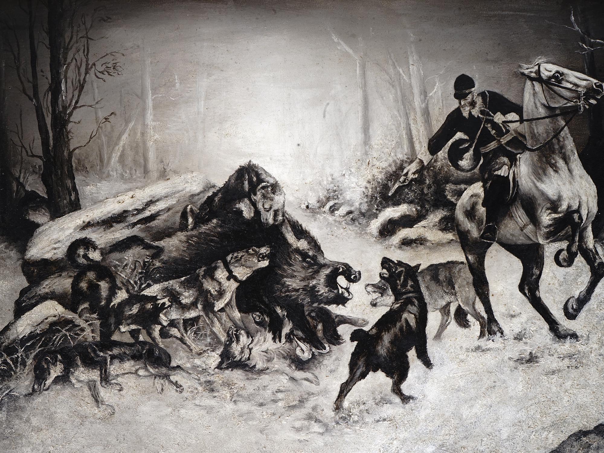 ANTIQUE WILD BOAR HUNT PAINTING BY JOHN WILCOX PIC-1